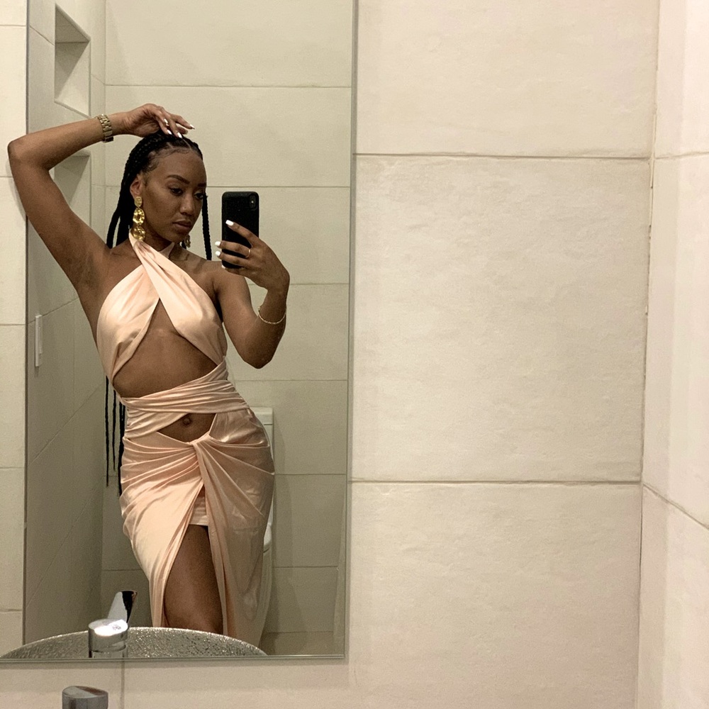 Very light pink satin backless.